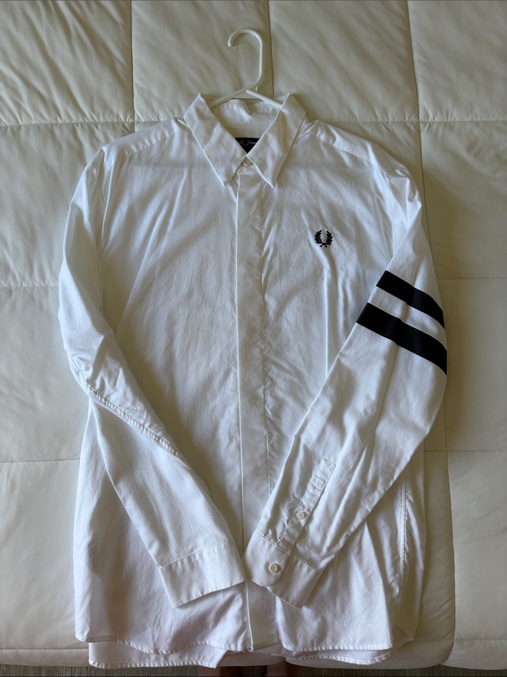 Fred Perry White Button-Down Shirt with Black Sleeve Stripes